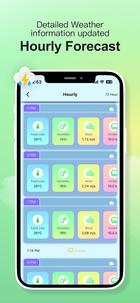 Local Weather warning & Radar - Pronóstico meteorológico horario detallado que muestra temperatura, humedad y velocidad del viento.