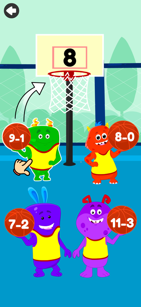 A subtraction basketball game with monsters for kids learning math
