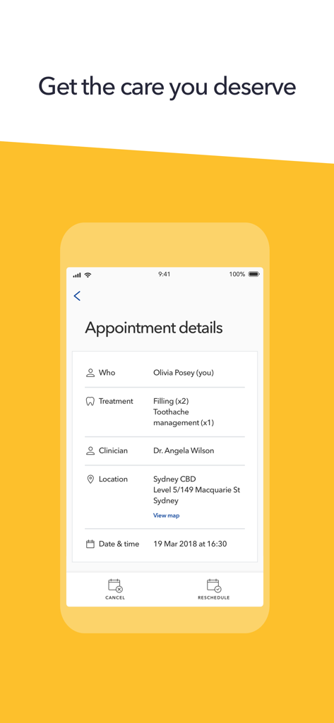 Dental 99 app interface showing appointment details for dental treatment including clinician and location