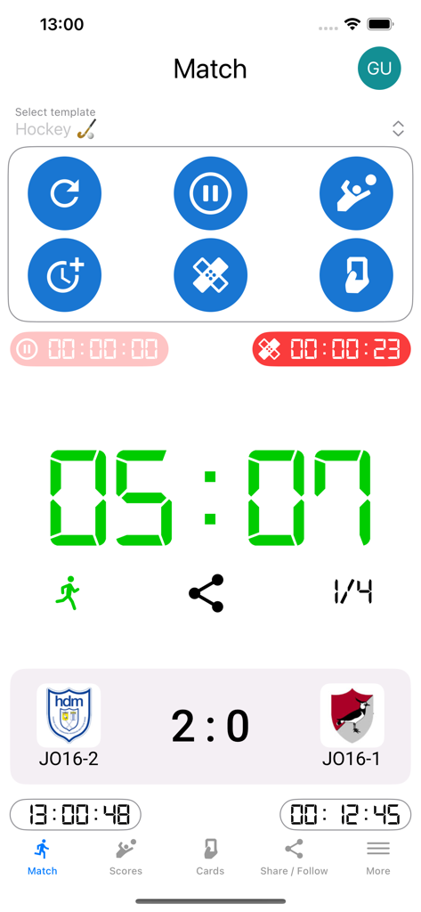 Whistle Time - Schermata della partita dell'app Whistle Time che mostra il cronometro e il tabellone per una partita di hockey