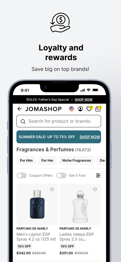 Interface do aplicativo Jomashop mostrando recompensas de fidelidade e descontos em fragrâncias de grife