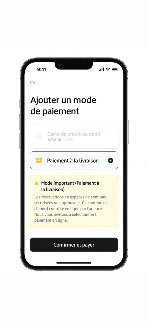 Cardnd app screen for choosing a payment method like credit card or payment on delivery.