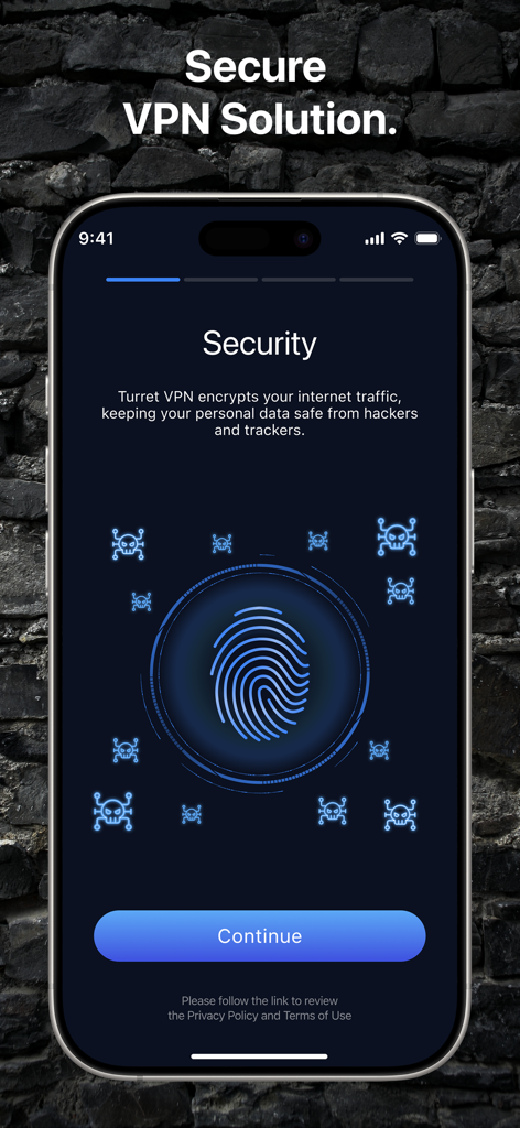 Turret VPN - Turret VPN security onboarding screen highlighting data encryption and hacker protection