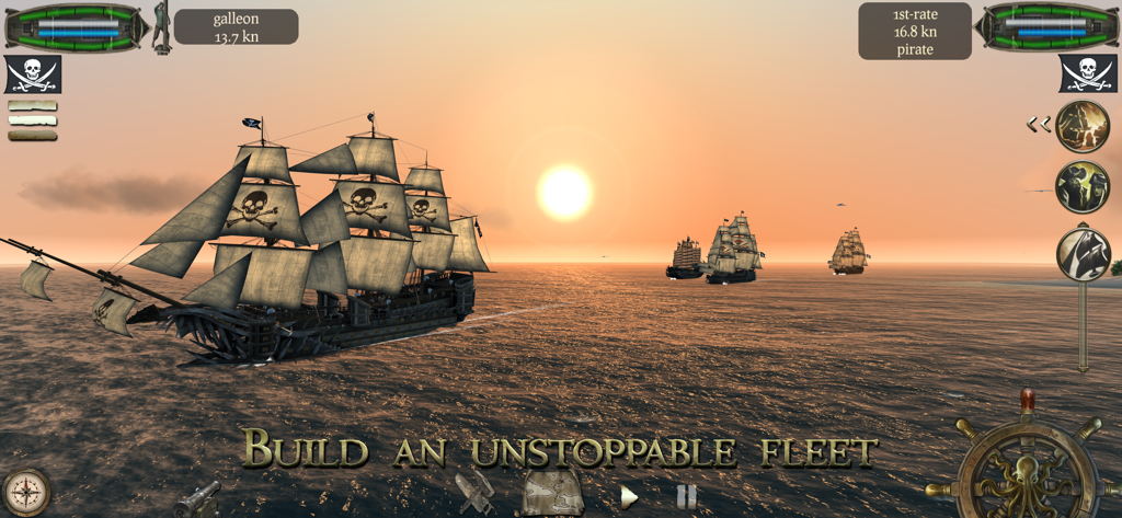 A fleet of pirate ships sailing across the ocean under a sunset sky
