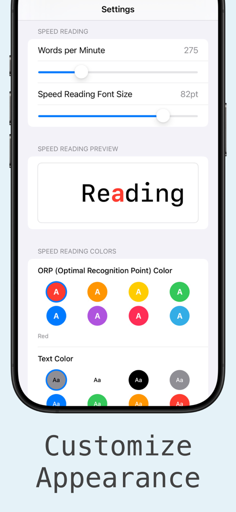 Glance - Epub Speed Reader - Settings screen of Glance speed reading app showing options for words per minute font size and color customization