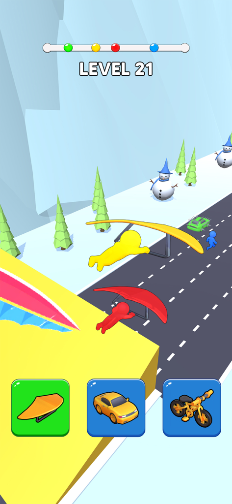 Personaje transformándose en un planeador para volar sobre un nivel nevado en el juego Shape Sifting Transform Shape.