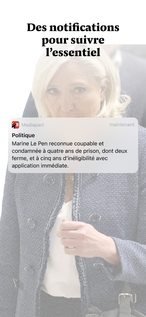 Mediapart, journal indépendant - 政治イベントに関するMediapartアプリの速報通知