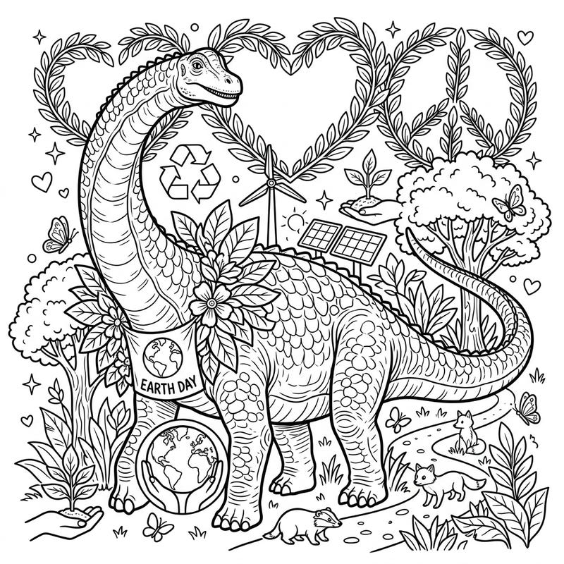 Join the magnificent Dreadnoughtus in a celebration of our planet with this engaging Earth Day coloring page. Discover a world of environmental symbols and natural beauty, ready for your creative touch.