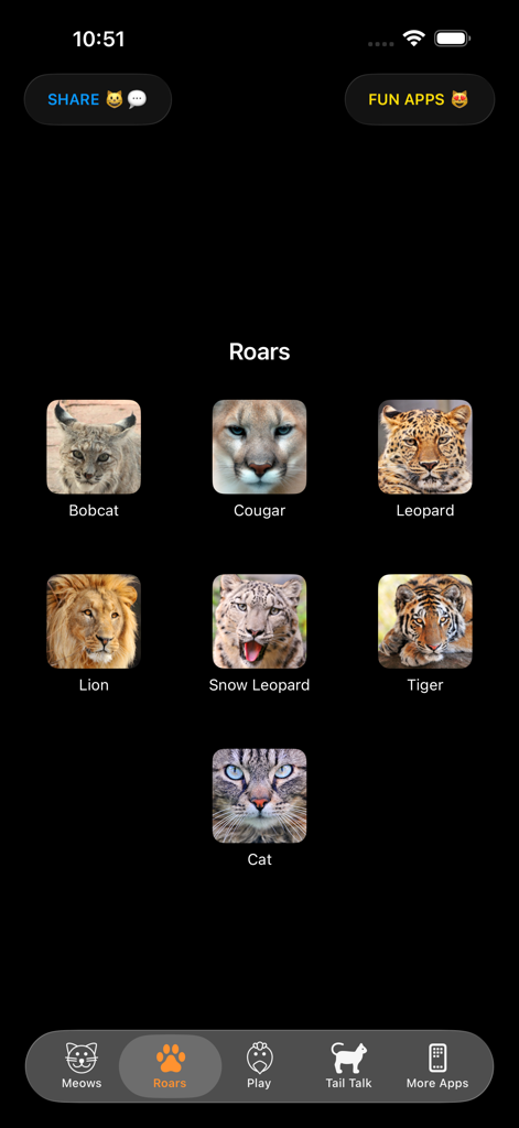 ライオン、トラ、ヒョウなどの大型ネコの唸り声のセレクションを表示するCat Sounds and Tail Talkアプリのインターフェイス