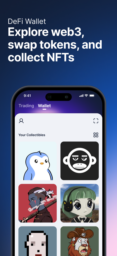 Blockchain.com: Buy Bitcoin - 여러 NFT가 있는 DeFi 지갑 수집품 섹션을 보여주는 Blockchain.com 앱 인터페이스