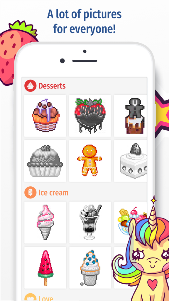Color by number 2018 - FoxPix - Pantalla de la aplicación FoxPix mostrando categorías de colorear pixel art para postres y helados