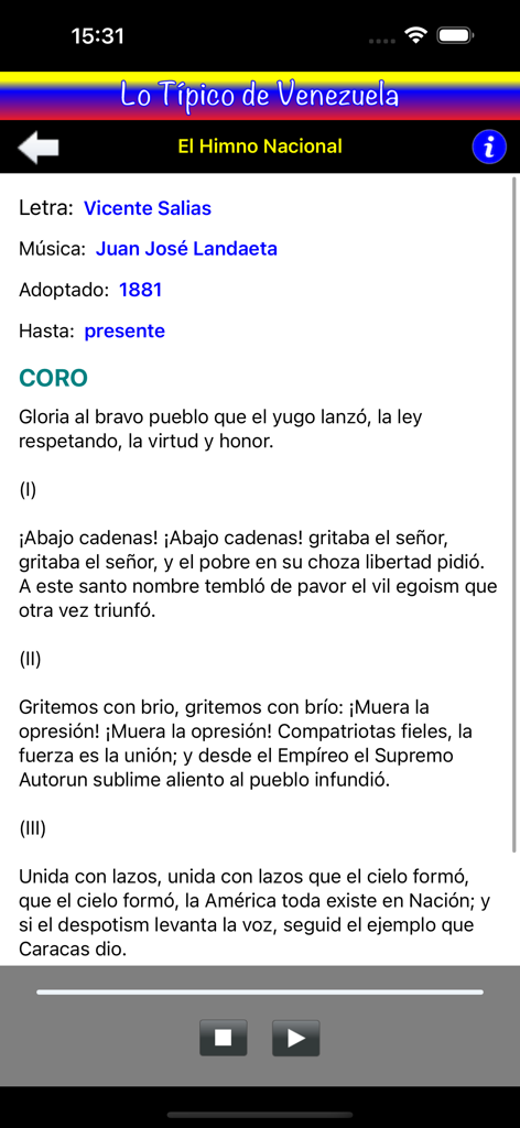 Lo Típico de Venezuela - Venezuelan national anthem lyrics and audio player interface in the Lo Tipico de Venezuela app