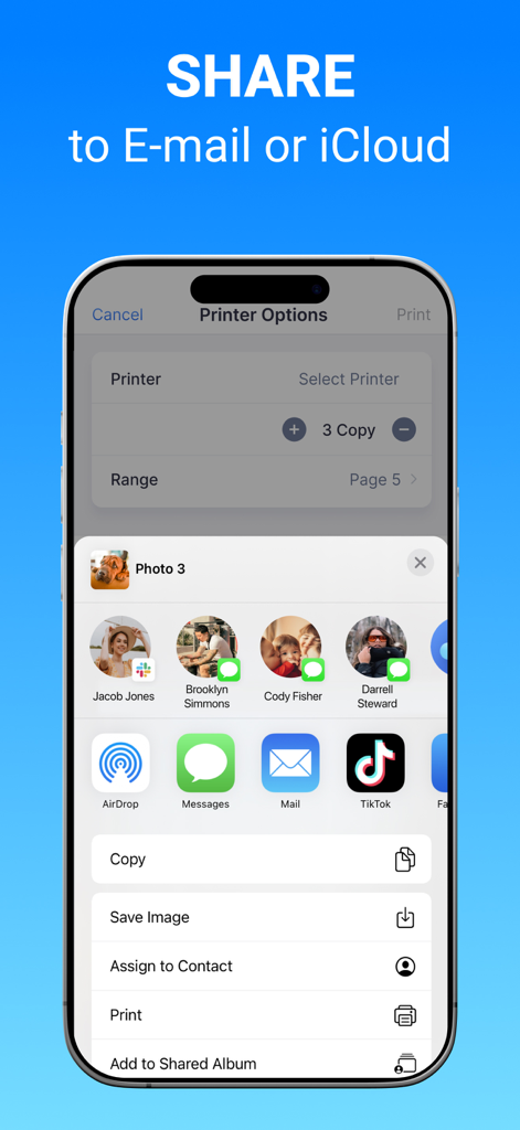 Printer App: Smart Print App - Pantalla del iPhone mostrando las opciones de la hoja de compartir para enviar documentos por correo electrónico o a iCloud dentro de la Printer App