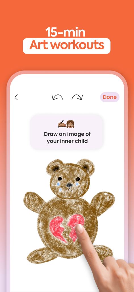 Antistress LINA - Art Therapy - Pantalla de un smartphone de la aplicación Antistress LINA que muestra un 'workout' de arte de 15 minutos donde una usuaria dibuja un oso de peluche con un corazón roto para representar a su niño interior