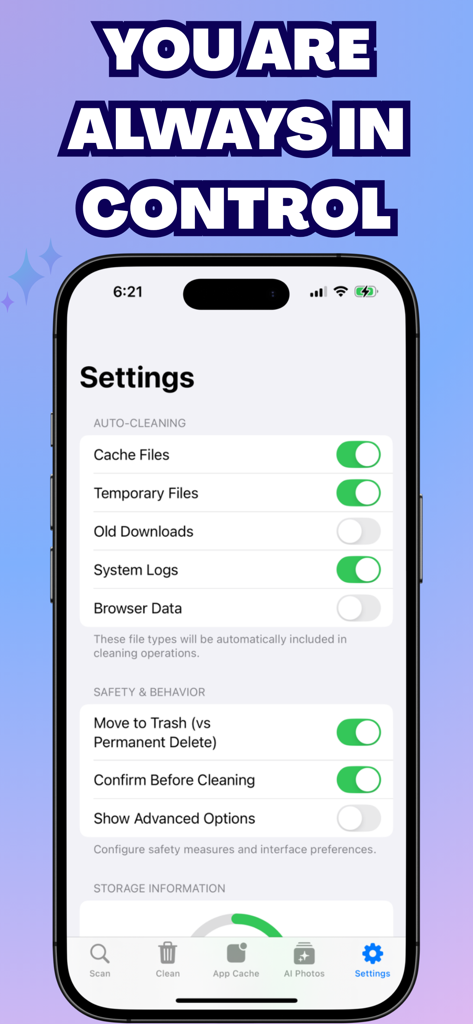 Swift Clear: Cache Cleaner - Pantalla de configuración de la aplicación Swift Clear que muestra opciones personalizables de limpieza automática y comportamiento de seguridad.