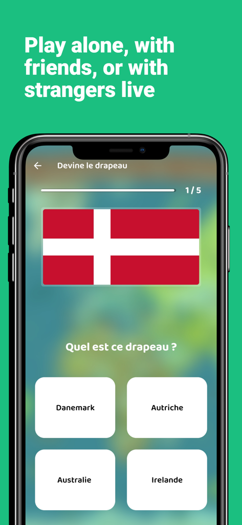 QuizHit - Blind test & Quiz - Una pantalla de teléfono móvil que muestra la aplicación QuizHit con un juego de trivia de banderas que presenta la bandera danesa y respuestas de opción múltiple.