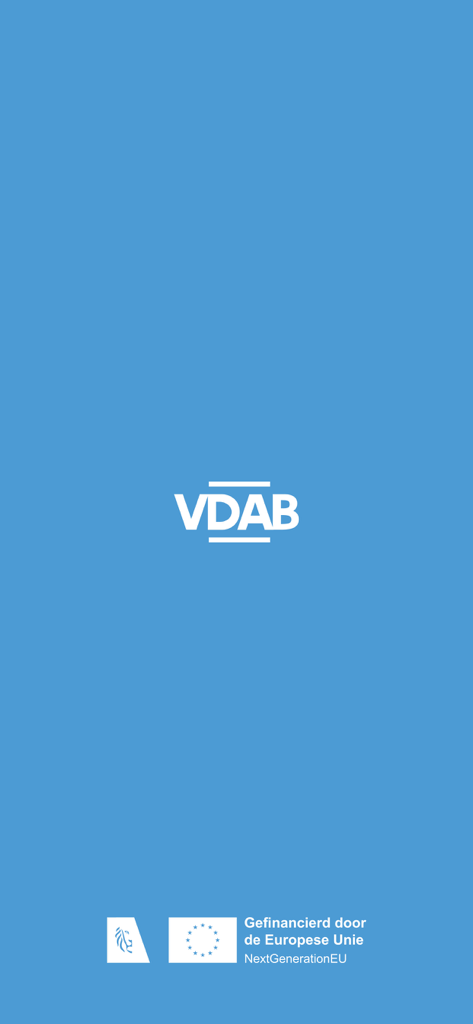 VDAB Uitsprekend - Pantalla de presentación de la app VDAB Uitsprekend mostrando el logo y los créditos de financiación de la Unión Europea.