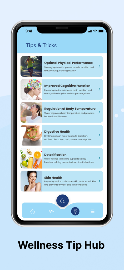 Drink Water Reminder & intake - Interfaz de la aplicación Recordatorio de Beber Agua que muestra el Centro de Consejos de Bienestar con beneficios para la salud de la hidratación.