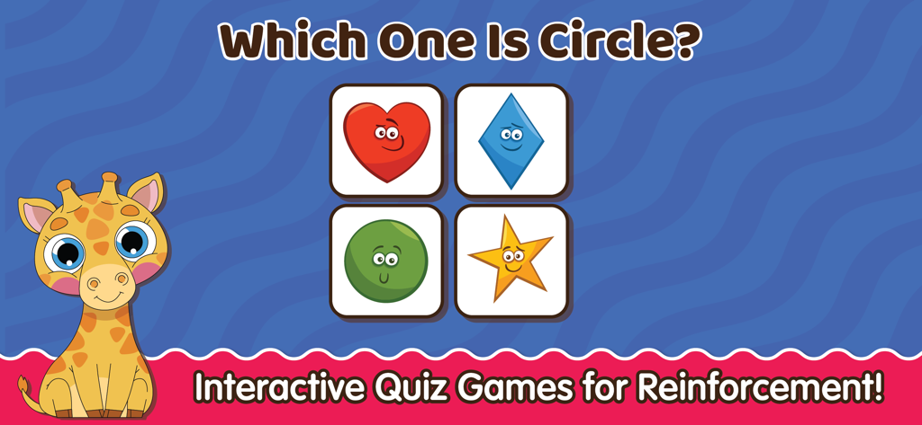 Learning Games for Kids ABC - Un cuestionario interactivo de reconocimiento de formas para niños que pregunta identificar un círculo con un amigable personaje de jirafa.