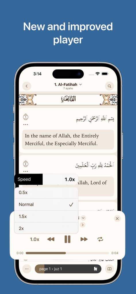 Smartphone screen showing the Quran Academy app with Arabic verses, English translations, and a playback speed menu for the audio player.
