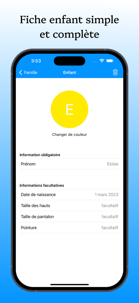 KidCal: Co-Parent Calendar App - KidCal app screen showing child profile information like name and clothing sizes