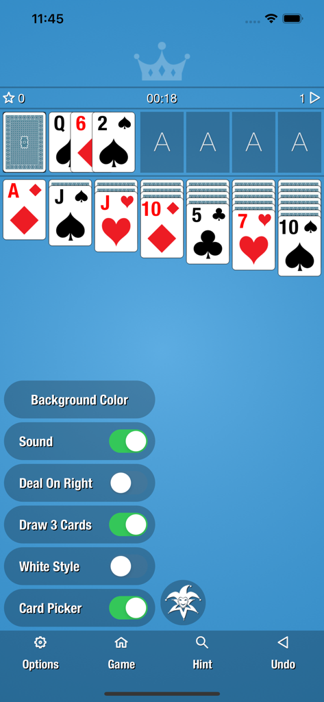 Simple Classic Solitaire - A screenshot of the Simple Classic Solitaire game showing the Klondike layout and an open options menu with settings like Card Picker and Sound.