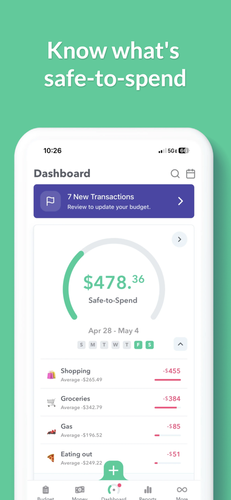 Weekly: Budget Planner App - Weekly Budget Planner app dashboard showing the safe-to-spend balance and categorized expenses like groceries and dining.