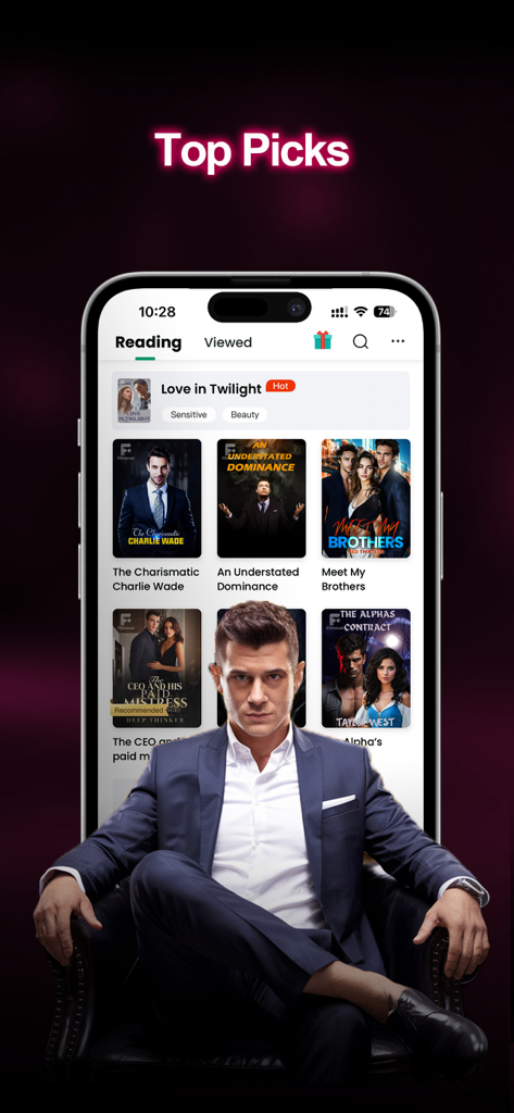 Booktok - Booktok Official App - Interfaz de la aplicación móvil Booktok que muestra las mejores opciones de novelas románticas serializadas y de CEO.