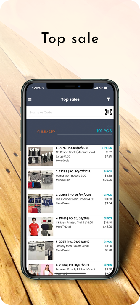 Zand Inventory - Bildschirm der Zand Inventory App, der die meistverkauften Produkte mit Mengen und Preisen anzeigt
