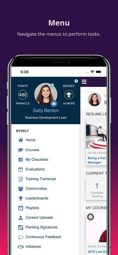 SumTotal Mobile app navigation menu showing employee profile and learning management options
