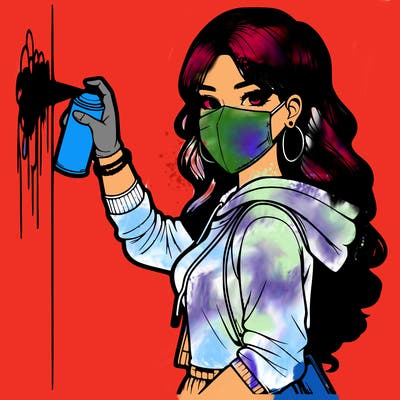 realistic girl with mask spray painting a wall