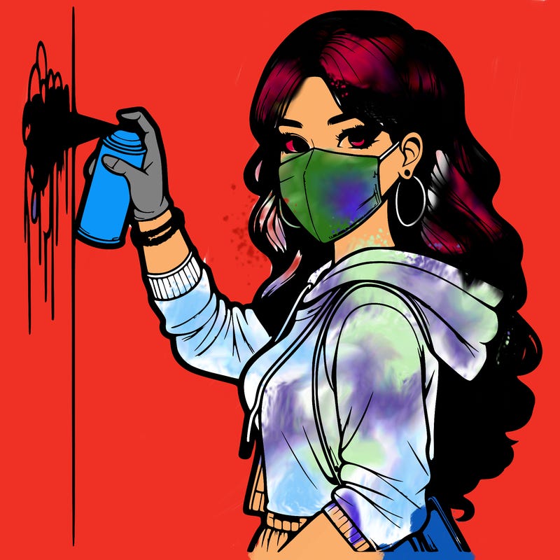 realistic girl with mask spray painting a wall