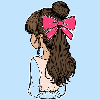 realistic girl  with hip length hair a bun and a big bow on the back of head