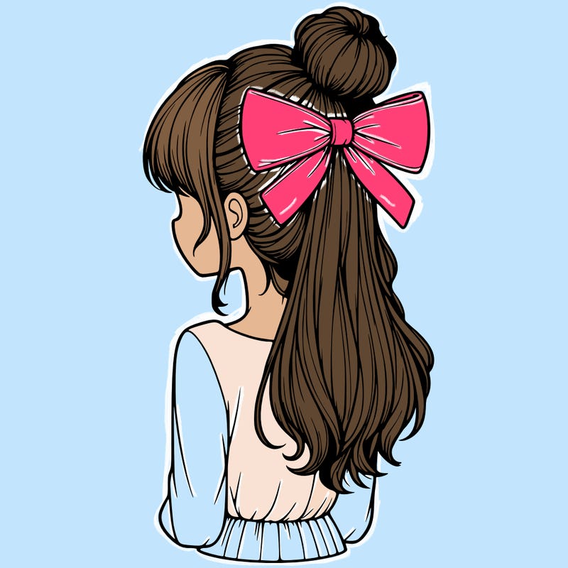realistic girl  with hip length hair a bun and a big bow on the back of head