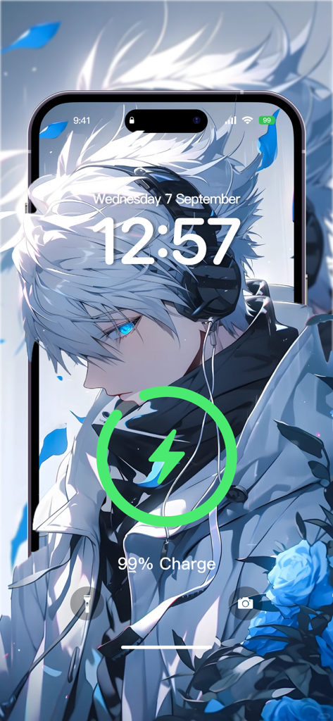 Aesthetic anime character charging animation on an iPhone lock screen showing battery percentage