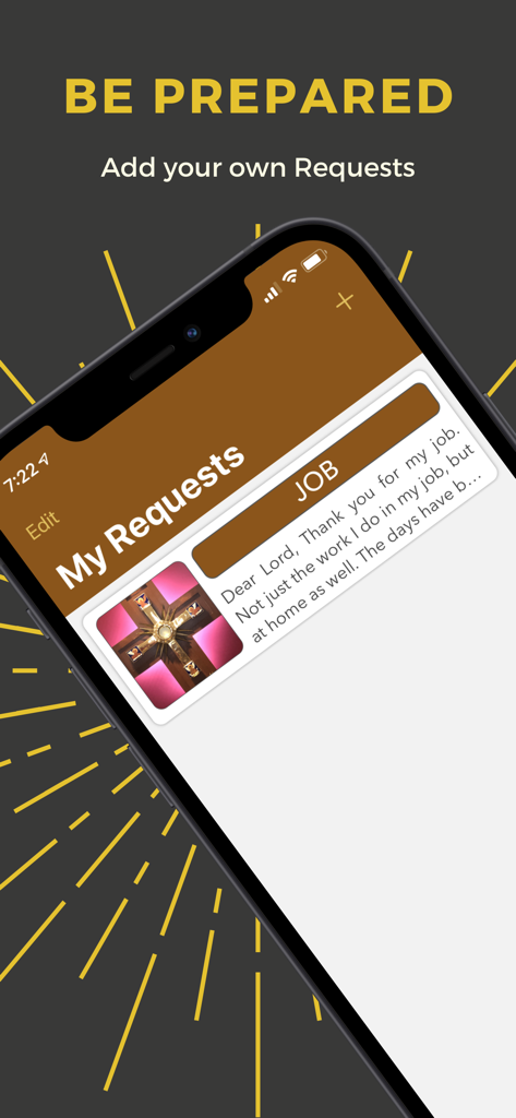 A mobile screen showing the My Requests feature in the Saint Jude Thaddeus app with a prayer for a job and an uploaded photo.