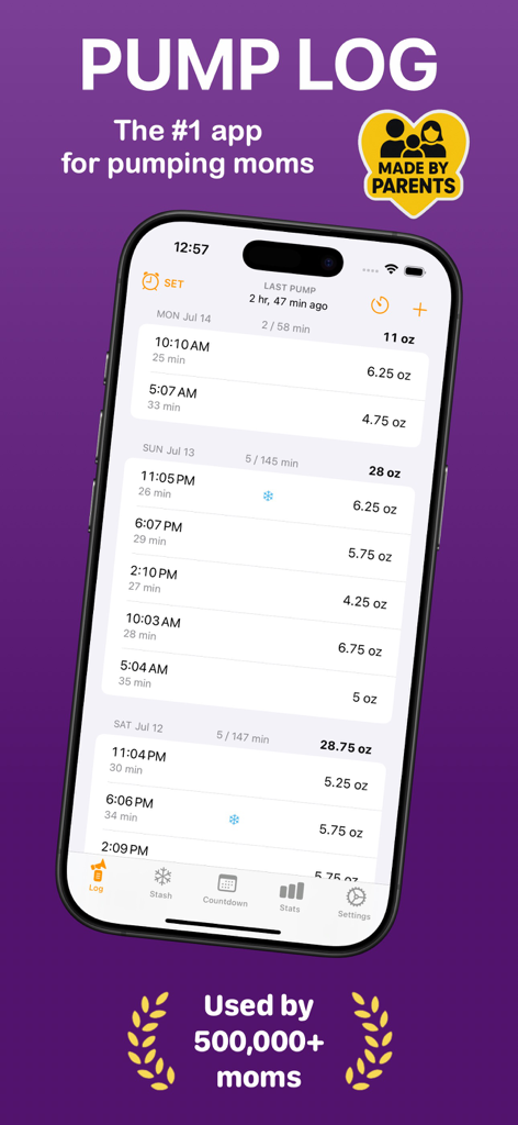 Pump Log® - Track Breast Milk - Breast milk pumping log screen showing session history and volume tracked in ounces