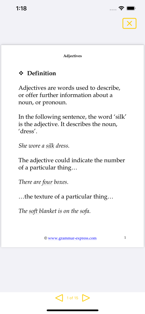 Educational screen from Grammar Express app defining adjectives with sentence examples