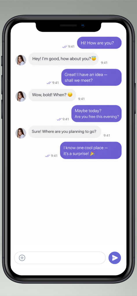 In-app chat screen of Matchmaker dating app showing two users arranging a date