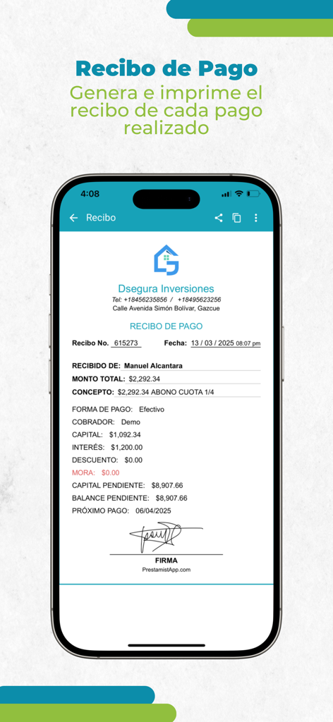 PrestamistApp 3.0 - Recibo de pagamento de empréstimo digital com detalhes do mutuário e valor