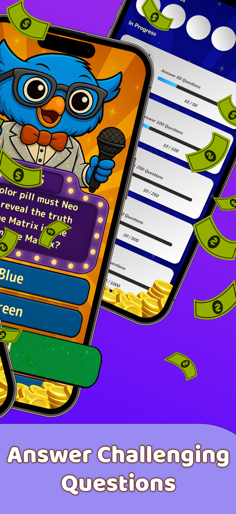 Quezztion: Real Money Trivia - Gameplay de l'application de trivia Quezztion mettant en vedette l'hôte Quizmo le hibou et des questions difficiles avec des récompenses en espèces