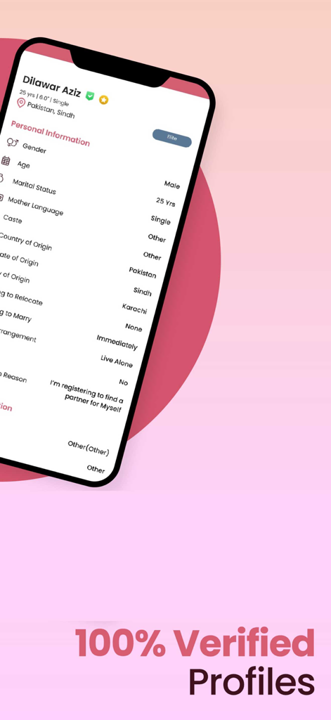 Shaadi.org.pk - RishtaPakistan - Captura de tela de um perfil de usuário verificado no aplicativo de casamento Shaadi.org.pk mostrando informações pessoais detalhadas