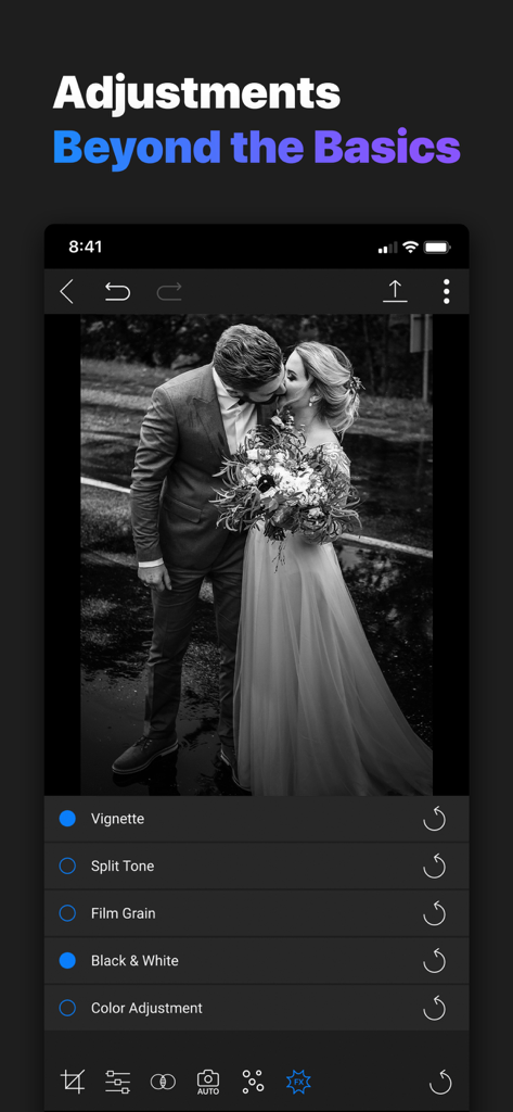 Professional black and white photo editing adjustments in ON1 Photo RAW for Mobile