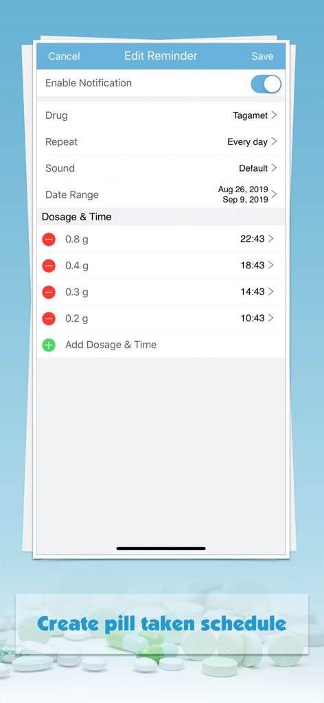 Interface of Pill Monitor Pro showing the Edit Reminder screen with daily dosage times and frequencies for the medication Tagamet.