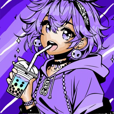 hot baddie anime girl drinking boba and biting the straw