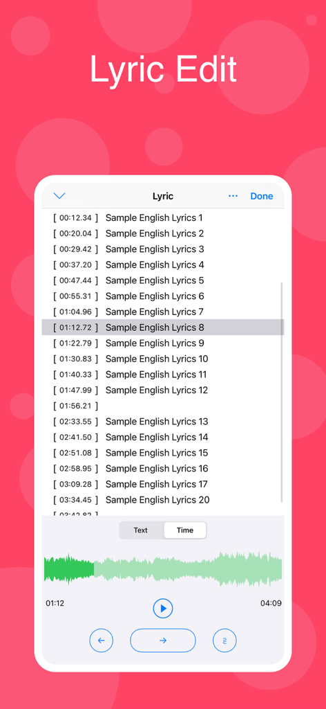 LoveMusic Player - Local Play - Lyric editing interface in LoveMusic Player featuring timestamped lyrics and audio waveform visualization.