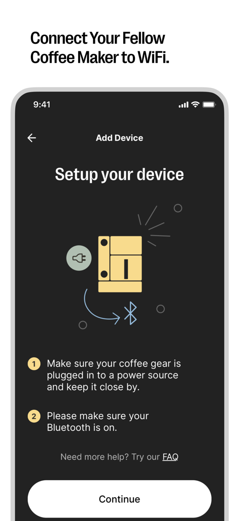Fellow - Tela de configuração do aplicativo Fellow para conectar uma cafeteira ao WiFi com instruções passo a passo e um botão de continuar