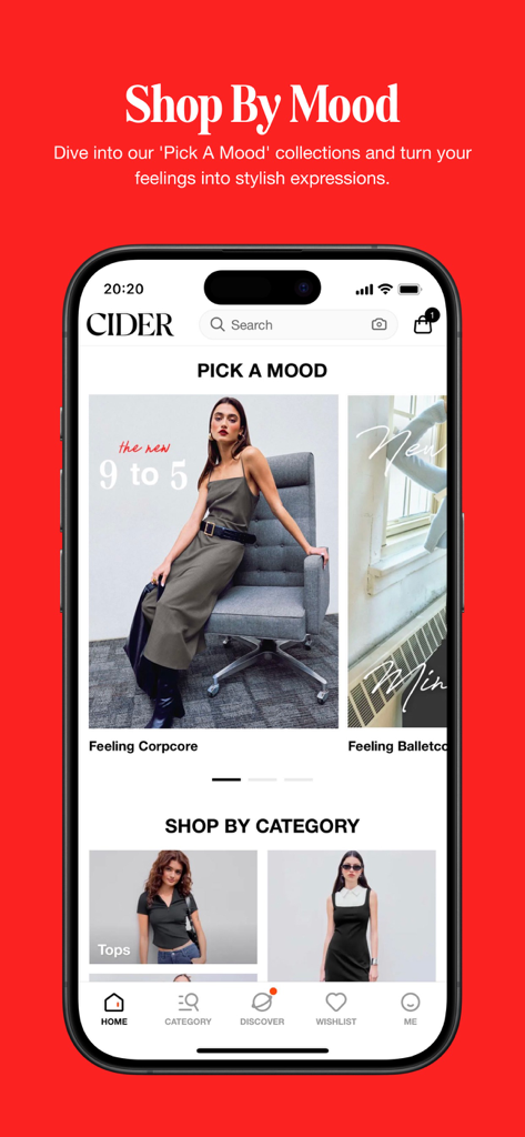 CIDER - Clothing & Fashion - Screenshot of the Cider fashion app interface showing the Shop By Mood and Pick A Mood feature with trendy clothing styles.