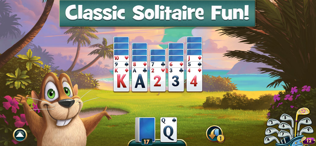 Fairway Solitaire - Card Game - フェアウェイソリティアのカードゲーム。美しい熱帯のゴルフコースの背景にカードのレイアウトが表示され、漫画のゴーファーが描かれています。