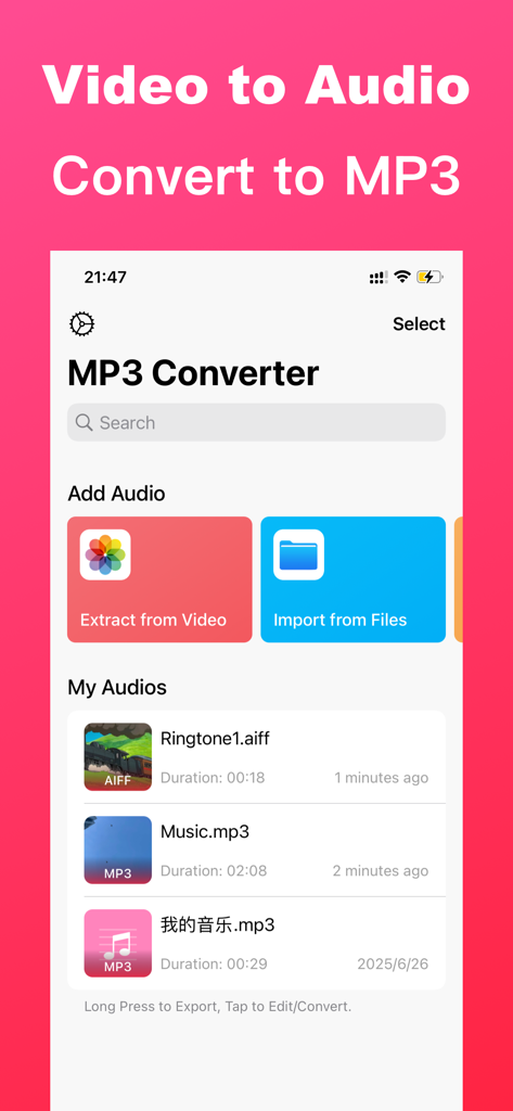 Oberfläche der MP3 Konverter App, die die Audioextraktion aus Video und die Dateiliste zeigt